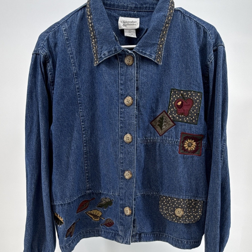 Christopher & Banks Womens L denim jacket embroidered fall patchwork 90s teacher